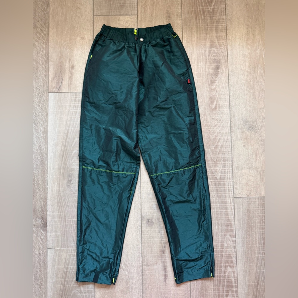 Women’s Emerald Green with Bright Lime Zip Details Taffeta Track Pants Gorpcore